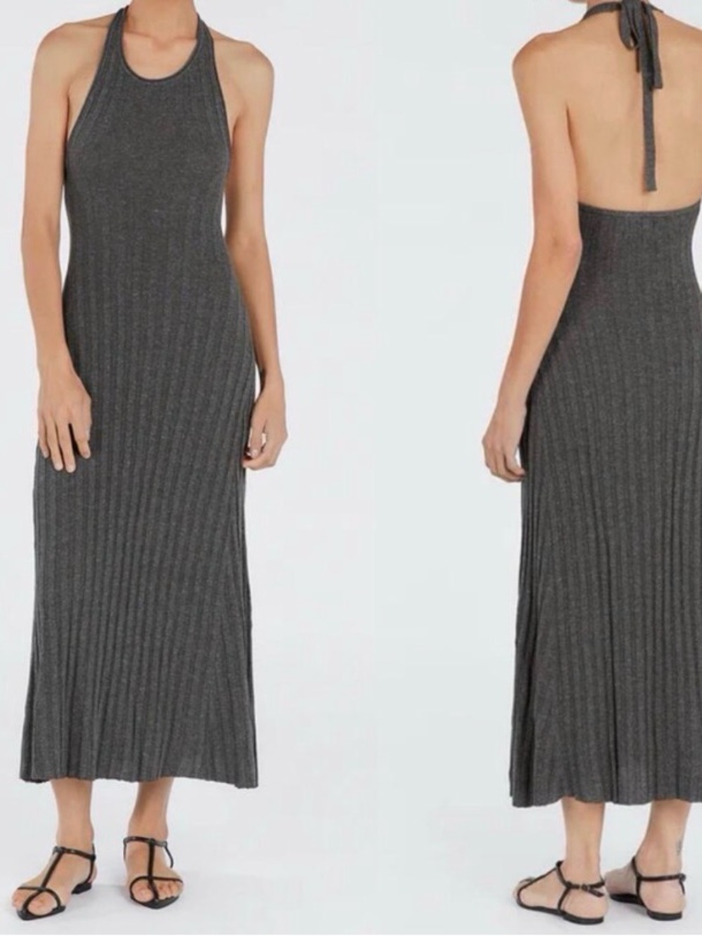DISSH Charcoal Gray Backless Ribbed Halter Maxi Dress